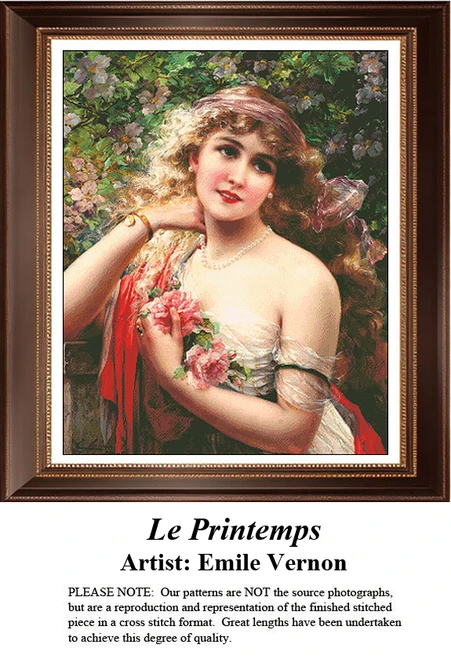 A detailed counted cross-stitch pattern preview of Émile Vernon's painting, "Le Printemps." The Belle Époque French portrait design depicts a young woman adorned with spring flowers in a sunlit garden, capturing vernal vitality.