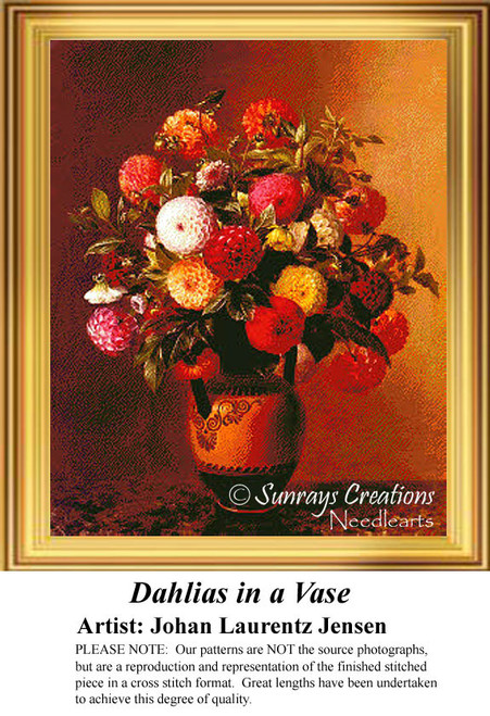 A vibrant vase overflowing with colorful dahlias set against a warm orange background, designed as an xstitch design by Johan Laurentz Jensen.