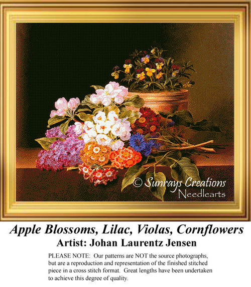 A collection of cut flowers including apple blossoms, lilac, violas, and cornflowers, designed as a xstitch kit by Johan Laurentz Jensen.