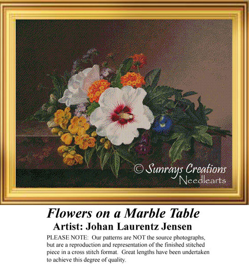 A rich arrangement of flowers with a large white hibiscus sits on a table, offered as a counted cross stitch pattern by Johan Laurentz Jensen.