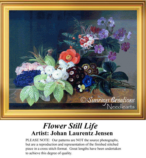 A vibrant flower still life with blossoms in various colors and lush green leaves, designed as a PDF chart from the work of Johan Laurentz Jensen.