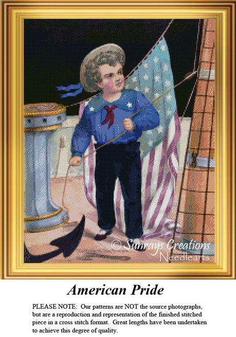 A young boy stands proudly next to a ship's railing, waving an American flag, preserved as a counted cross stitch pattern.