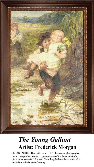 A boy carries a girl in a sunny meadow, surrounded by nature, created for cross stitch from Frederick Morgan's charming artwork.