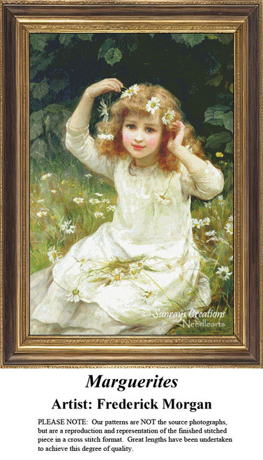 A little girl in a white dress sits in the grass, placing daisies in her hair, designed as a counted cross-stitch pattern by Frederick Morgan