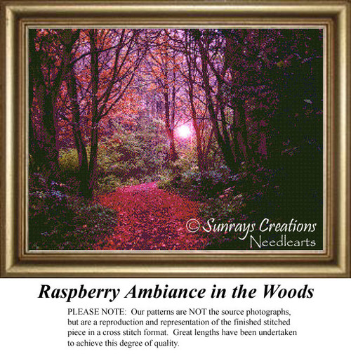 A winding path through a vibrant forest, colored with crimson leaves and a light at the end, presented as a digital pattern for cross stitch projects.