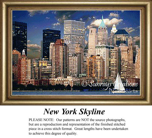 A skyline of tall buildings is visible under a blue sky with clouds, alongside a sailboat on water, shown as a cross stitch digital file.