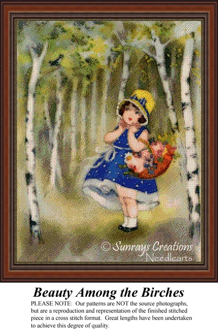 A young girl in a navy blue dress and yellow bonnet stands beside birch trees, holding a basket of flowers, part of a large cross stitch pattern.