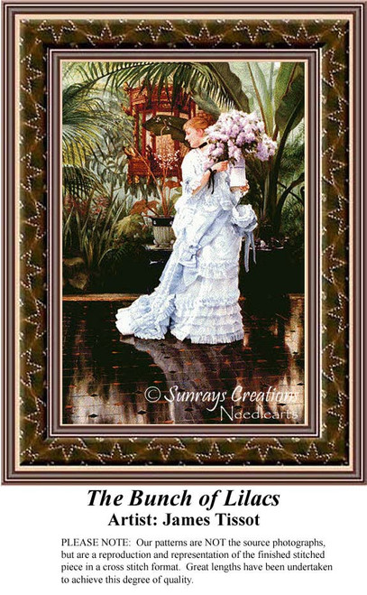 A woman in a flowing white dress holds a bouquet of lilacs, frozen in time as a counted cross stitch pattern by James Tissot.