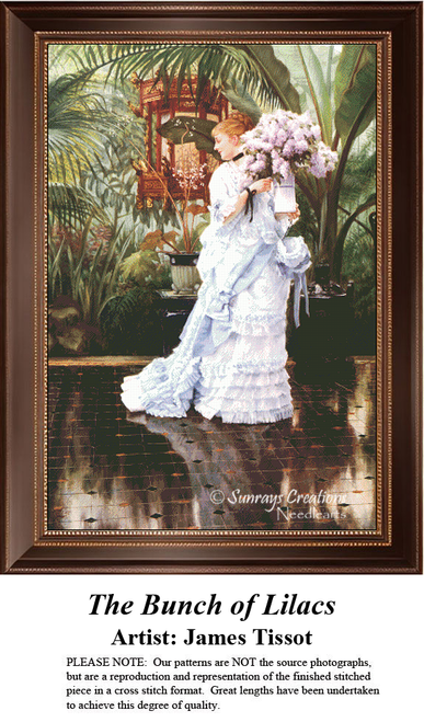 A detailed counted cross-stitch pattern preview of James Tissot's painting, "The Bunch of Lilacs." The Victorian Realist design depicts a woman in an elegant white gown holding purple lilacs inside a conservatory, capturing joyful exuberance.