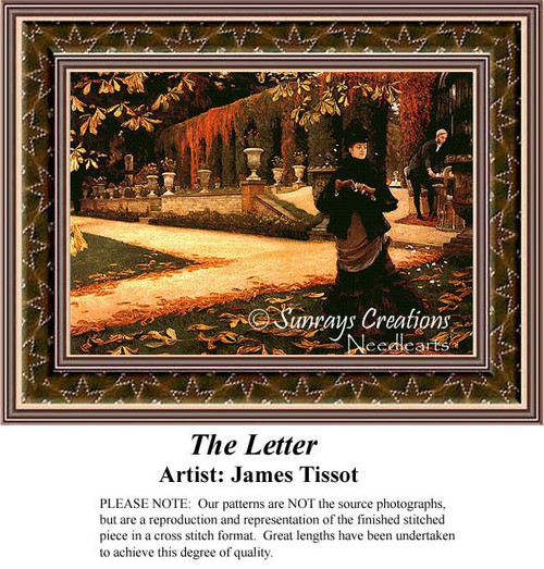 A woman stands in a garden surrounded by lush trees and ornate planters, holding a letter, depicted in this xstitch pattern by James Tissot.