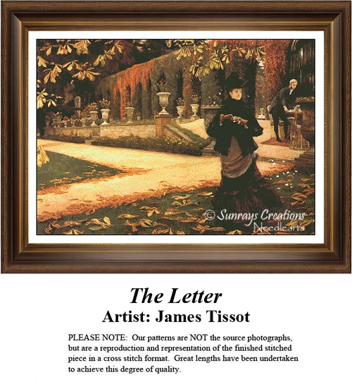 A detailed counted cross-stitch pattern preview of James Tissot's painting, "The Letter." The Victorian Realist design depicts a stylishly dressed woman holding a letter in a lush garden setting, capturing emotional intrigue under soft ambient light.