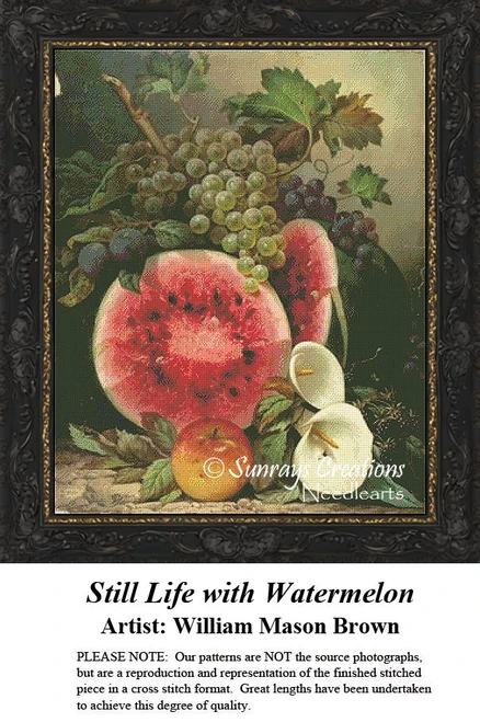 A sliced watermelon sits beside grapes, an apple, and blackberries in this still life xstitch chart designed from a painting by William Mason Brown.
