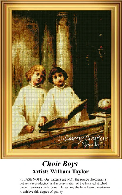 Two choir boys in white robes sing together in a cathedral, a design by William Taylor, perfect for a xstitch design using DMC floss.