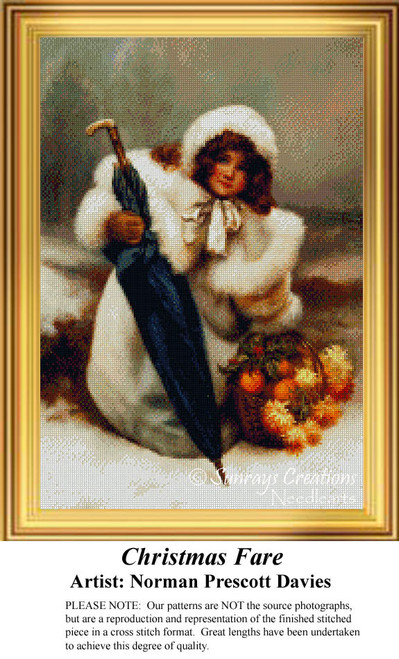 A young woman bundled in fur stands with a large umbrella and a basket of goodies, brought to life as a counted cross stitch pattern.