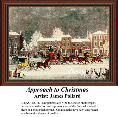 A winter scene shows horse-drawn carriages and people bustling through a snowy street, designed as a digital pattern from James Pollard's art.