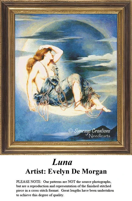 A graceful woman reclines within a crescent moon, stitched as a cross stitch project by Evelyn De Morgan, reflecting the Pre-Raphaelite style.