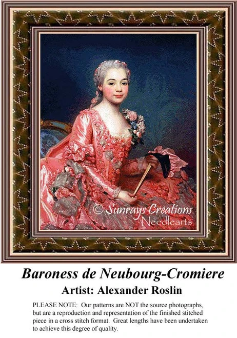 A portrait of a woman in a pink gown, holding a fan, created as a cross stitch design by Alexander Roslin from the 18th century.