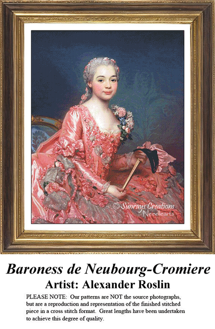 A portrait of a woman in a pink gown, holding a fan, created as a cross stitch design by Alexander Roslin from the 18th century.