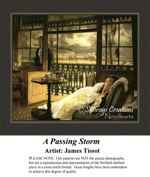 A woman reclines in a sunlit room, gazing out the window, as a passing storm brews outside. A cross stitch chart from artist James Tissot.