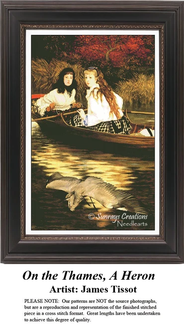 A detailed counted cross-stitch pattern preview of James Tissot's painting, "On the Thames, A Heron." The Victorian Realist design depicts elegantly dressed women in a small boat on the River Thames with a heron skimming the water amidst autumnal foliage, capturing serene elegance.