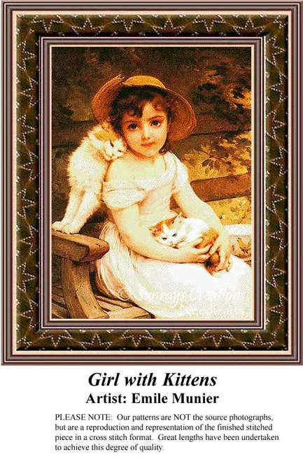 A girl in a white dress sits on a bench, holding two kittens, with a happy expression, created as a PDF pattern by artist Emile Munier.