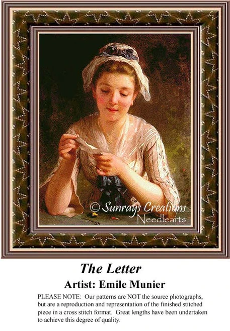 A woman reads a letter with a thoughtful expression, composed as a counted cross stitch pattern by artist Emile Munier.