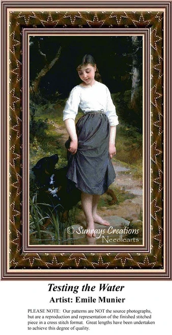 A young girl stands barefoot by a stream, her long dress billowing slightly as she gazes down, with a dog nearby. This is a printable pattern by
