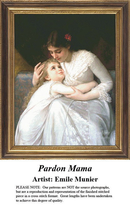 A mother gently cradles her child in a moment of tenderness, rendered as a large cross stitch pattern by Emile Munier, showcasing intimate affection.