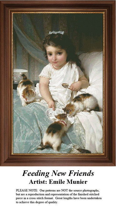 A young girl in a white dress sitting on a bed, feeding three playful kittens, all depicted in this large counted cross stitch by Emile Munier.
