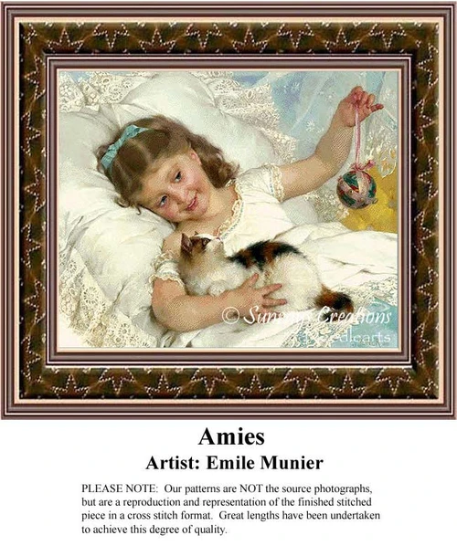 A girl smiles while playing with a cat and a colorful ball, reimagined as a counted cross stitch pattern by Emile Munier.