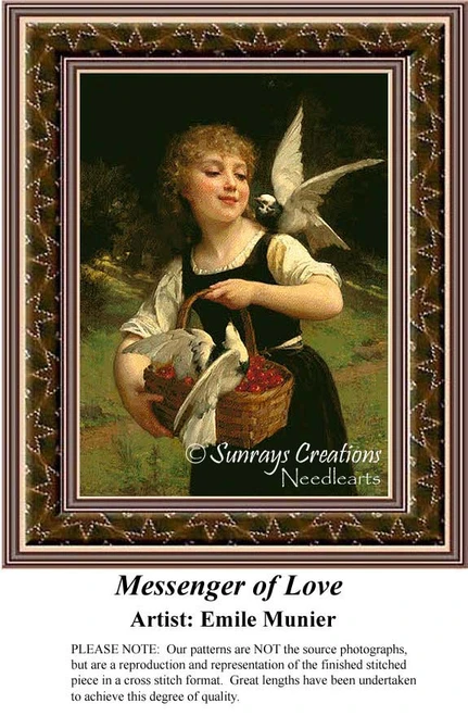 A girl holds a basket of doves, surrounded by flying birds, in this BAP cross stitch pattern by Emile Munier from the late 19th century.