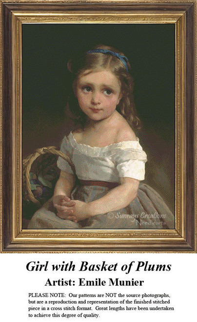 A young girl with brown hair and a blue ribbon stands holding a basket of plums, captured in a counted cross stitch design by Emile Munier.