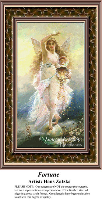 An angelic figure gracefully stands atop a globe, pouring gold from a basket, designed as a counted cross stitch chart by Hans Zatzka.