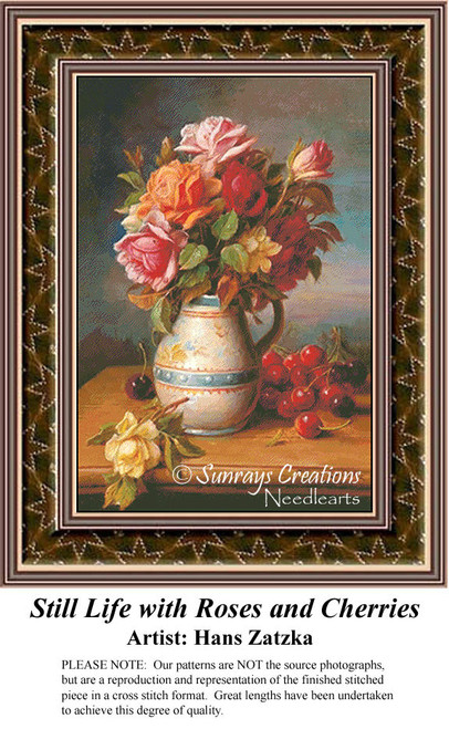 A vibrant bouquet of roses in shades of pink and orange fills a ceramic vase, accompanied by cherries, in this cross stitch design by Hans Zatzka.