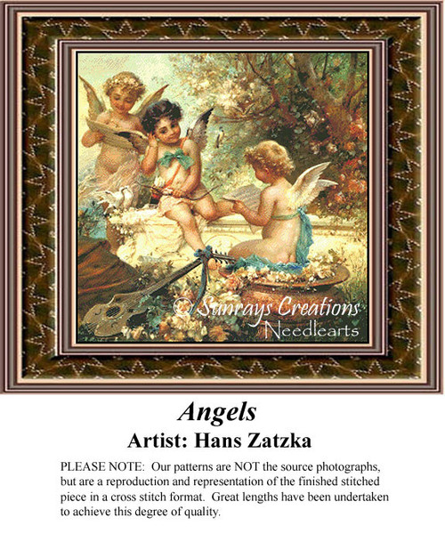 Three cherubs play in a lush garden, surrounded by flowers and birds, captured in this xstitch chart by artist Hans Zatzka.