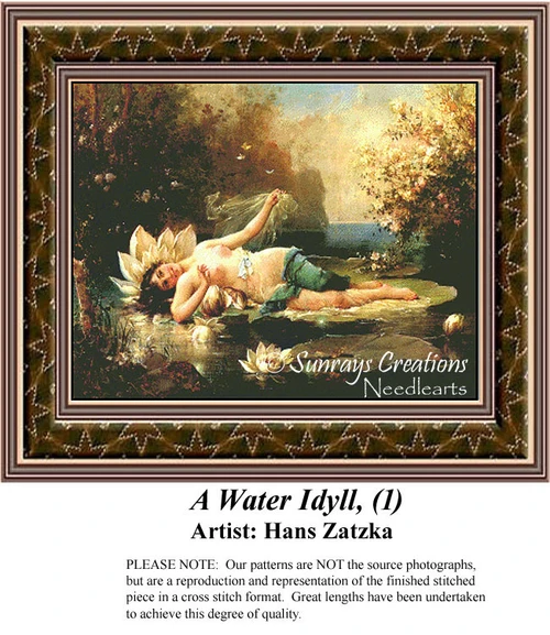 A serene woman reclines on a lily pad, surrounded by water lilies and nature in this xstitch design by Hans Zatzka, reflecting the Romantic period.