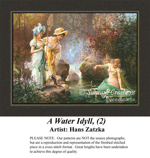 A serene scene shows two women in flowing dresses beside a sparkling stream, capturing the essence of Romanticism in this xstitch kit by Hans Zatzka.