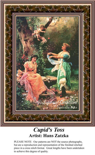 A woman in pink and another in green, surrounded by lush greenery and cherubs, featured as a downloadable pattern from Hans Zatzka.