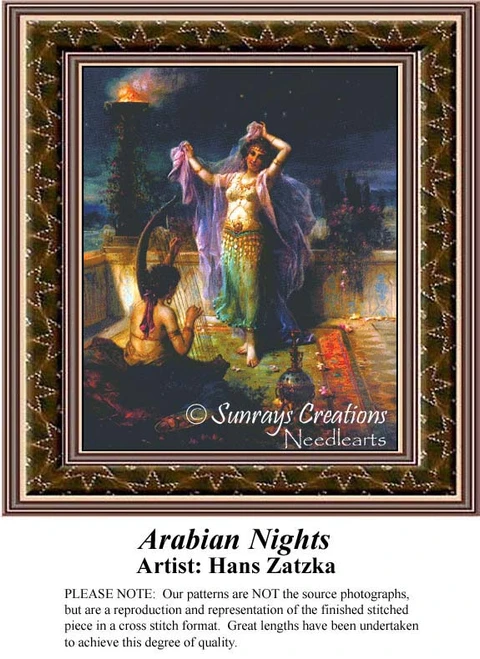 A woman in flowing garments dances gracefully with a veil, while another woman plays a harp, depicted in a large cross stitch pattern by Hans Zatzka.