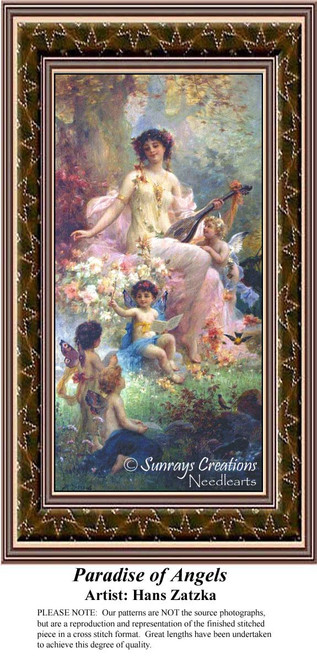A serene woman plays a harp surrounded by cherubs in a lush garden, depicted in this cross stitch project by Hans Zatzka.