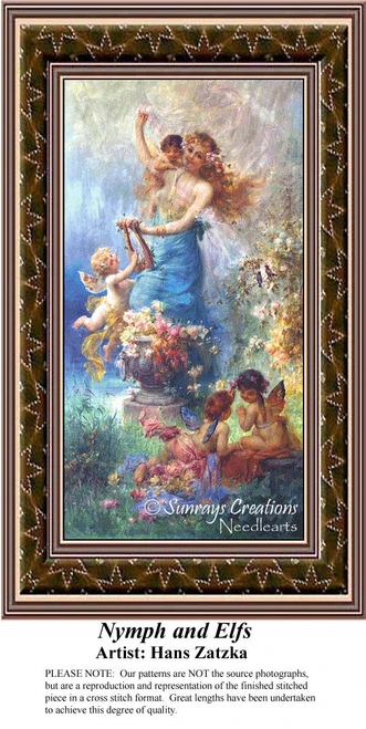 A woman surrounded by cherubs in a vibrant garden, designed as a BAP cross stitch by Hans Zatzka from the late 19th century.