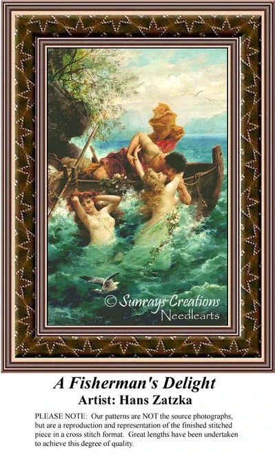 A serene scene of a man fishing with mermaids playfully swimming nearby, designed as a cross stitch pattern by artist Hans Zatzka.