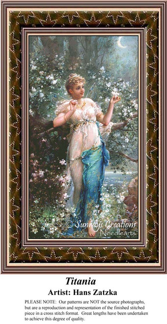 A fairy with butterfly wings stands among blooming flowers in a lush garden, created as a counted cross stitch pattern by Hans Zatzka in a digital