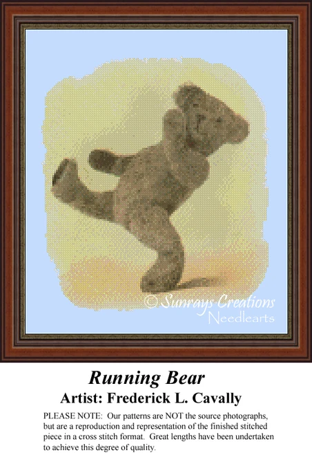 A teddy bear with a joyful expression runs playfully against a soft background in this cross stitch design by Frederick L. Cavally.
