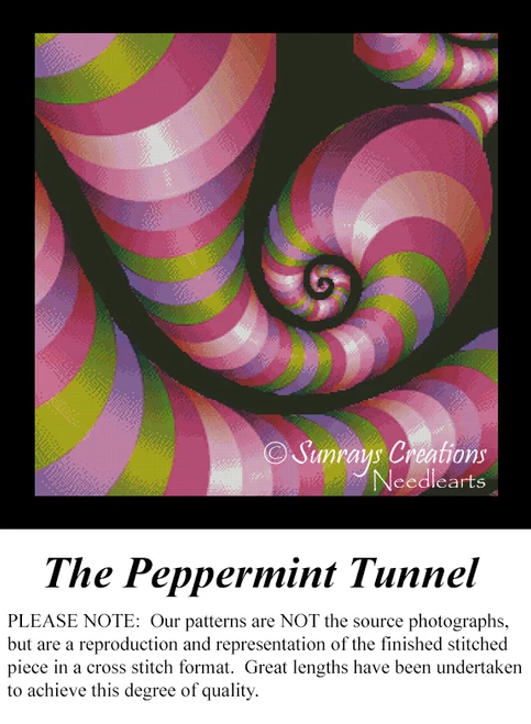 A spiral tunnel in pastel pink and green stripes, creating a mesmerizing effect, featured as a cross stitch kit for a whimsical project.