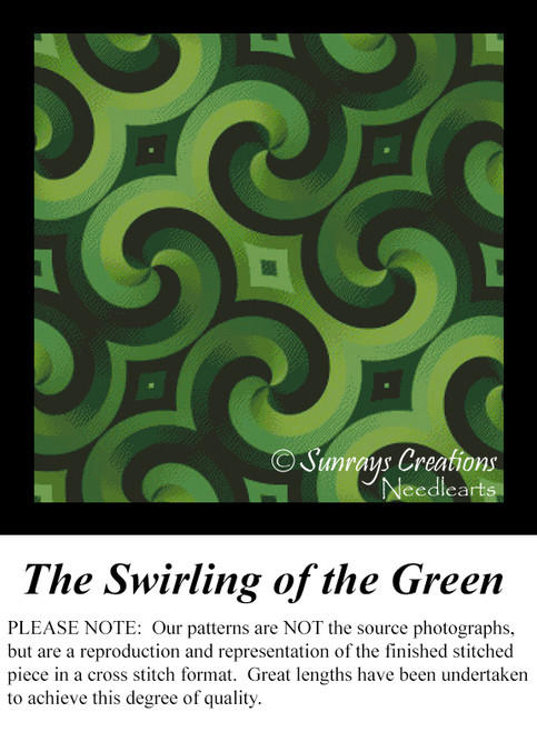 A pattern of swirling forms in multiple shades of green, interspersed with diamond shapes, available as a PDF pattern for cross stitch enthusiasts.