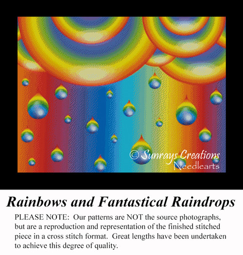 A vertical rainbow background adorned with large colorful raindrops and rainbow stripes, available as a PDF chart for cross stitch enthusiasts.