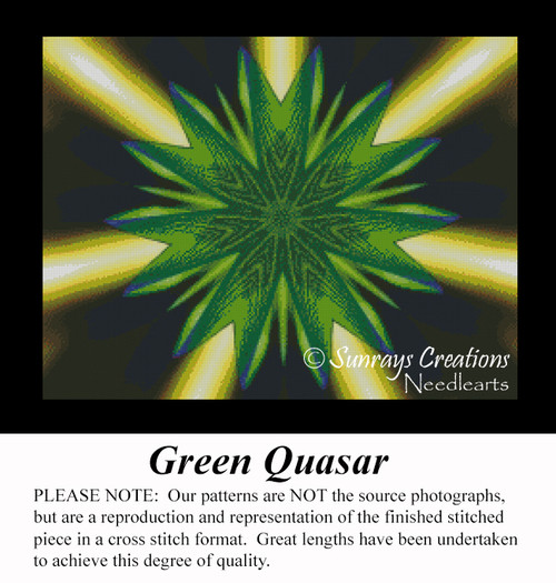 A green Quasar star surrounded by thick yellow rays of light, designed as a printable pattern suitable for DMC floss on aida cloth.