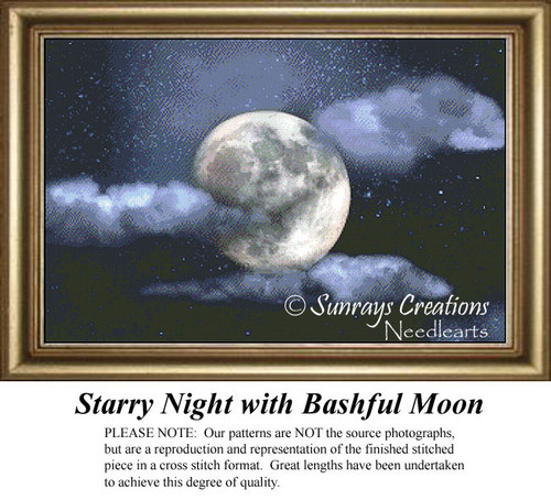 A full moon peeks through wispy clouds in a night sky filled with twinkling stars, presented as a counted cross stitch chart.
