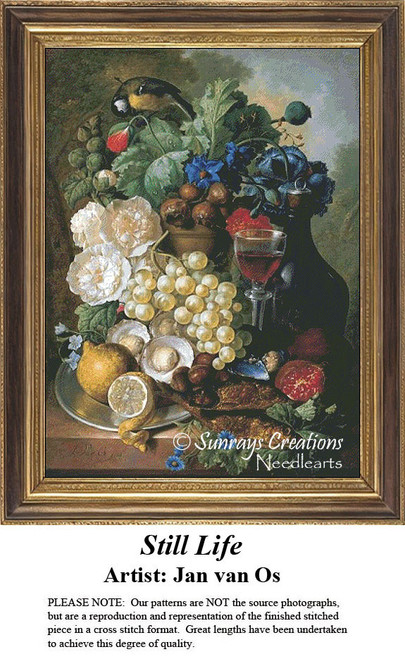 A vibrant assortment of grapes, flowers, and a bird arranged on a ledge, offered as a counted cross stitch pattern by Jan van Os.